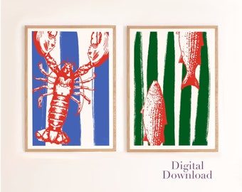 Kitchen Prints | Fish Posters | Lobster Painting | Italian Dinner Party | Two Posters | Digital Download | Summer Art | Italian | Food Art