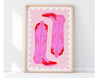 Cowboy Boots Poster | Cowgirl Wall Art | Pink and Orange Print | Pink and Orange | Dormroom Art | Digital Prints