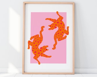 Poster | Tiger | Love heart | Pink and Orange | Living Room wall art | Dorm Posters | Digital Download
