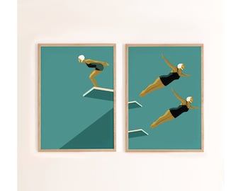 Swimmers Poster | Vintage Swimming Art | 1920s Style Wall Art | Blue Art | Vintage Poster | Diver | Retro Swimming Art