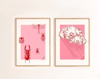 Pink and Red Illustration Posters | Cloud Illustration | Bug print | Digtial Download