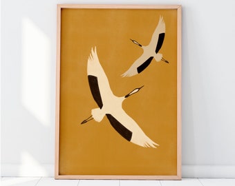 Affiche d'oiseaux| Inspiration japonaise | impression neutre | Art mural | Impression artistique d'une chambre à coucher et d'un salon| impression numérique