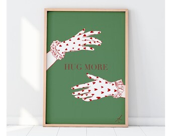 Hug More Poster | Vintage Inspired Wall Art | Green and Red Prints | Digital Downloads