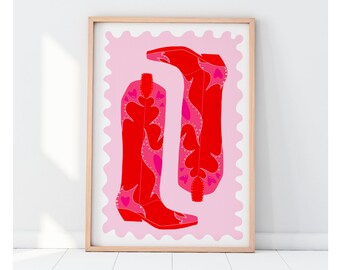 Cowboy Boots Poster | Cowgirl Wall Art | Pink and Orange Print | Pink and Orange | Dormroom Art | Digital Prints