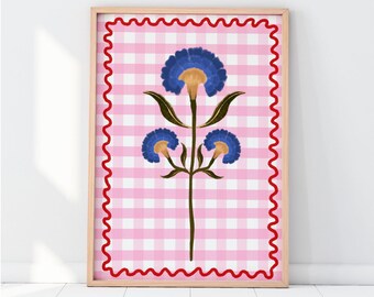 Pink and Blue Flower Illustration, Colourful wall art, Modern Kitchen Wall, Bedroom Decor, Bar Cart Art, gift