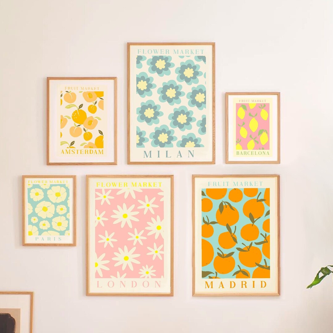 Flower Market Print, Set of 6, Botanical Wall Art, Floral Drawing ...
