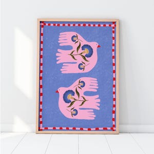 Rosa und blaue Vogel-Illustration, bunte Wandkunst, moderne Küchenwand, Schlafzimmer-Dekor, Barwagen-Kunst, Geschenk