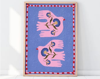 Pink and Blue Bird Illustration, Colourful wall art, Modern Kitchen Wall, Bedroom Decor, Bar Cart Art, gift