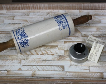 Antique Stoneware Rolling Pin with Wooden Handle White and Blue