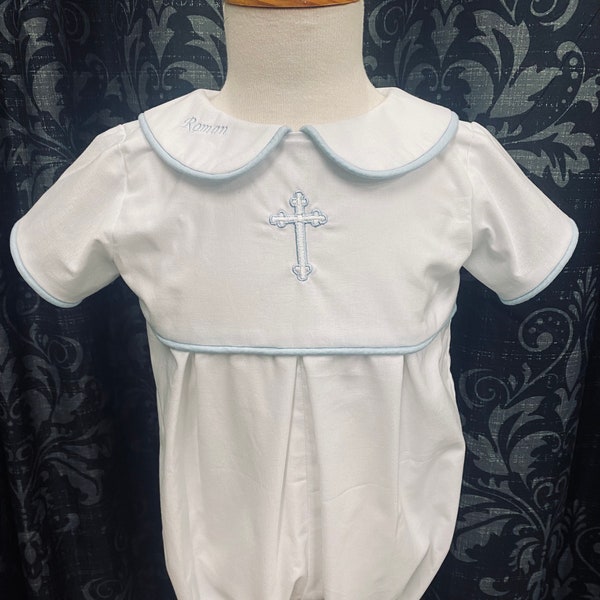 Christening romper, baptism outfit, christening outfit for boys, personalised, embroidered peter pan collar white and baby blue