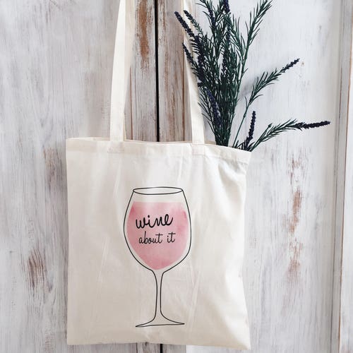 Wine tote bag cotton pink market bag quote canvas bag Tassen & portemonnees Handtassen Schoudertassen cotton 