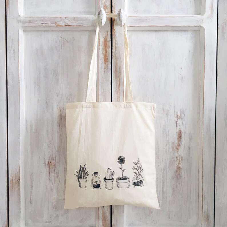 Cotton canvas tote bag cheap all cactus plants black and white Etsy