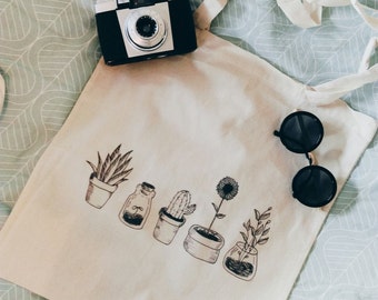 Cotton canvas tote bag cheap all cactus plants black and white