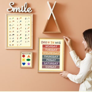 Carteles de aprendizaje inspirados en Montessori: alfabeto, colores, formas, clima y días de la semana