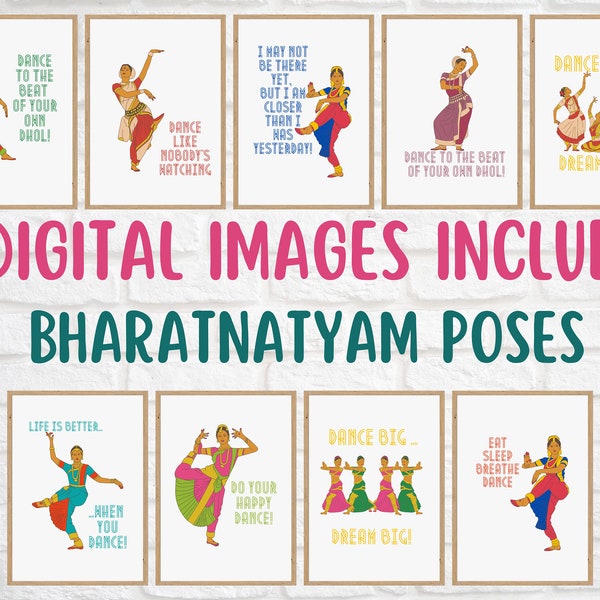 SET OF 11 Images - Indian Bharatnatyam Dance, Quotes Digital Art, Colorful Wall Art, Unique Art for Kids, Kids Room Decoration, Indian Art