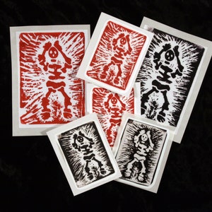 Halfglanzende skeletstickers in rood of zwart van gesneden blokprint (mijn eigen)-waterdicht/UV-bestendig.-lak verzegeld- 2 maten-VS gemaakt-gratis schip