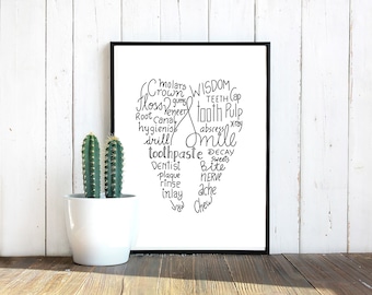 May include: Black and white printable art print with a tooth shape made of words related to dental health, such as "wisdom", "tooth pulp", "floss", "smile", "dentist", "plaque", "decay", "ache", and "chew".