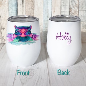 Wine Tumbler Personalized, Watercolor Hippo Gift, Insulated Wine Tumbler with Lid, Stainless Steel Stemless Wine Glass, Cute Wine Tumbler