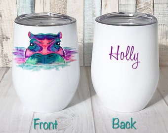 Wine Tumbler Personalized, Watercolor Hippo Gift, Insulated Wine Tumbler with Lid, Stainless Steel Stemless Wine Glass, Cute Wine Tumbler