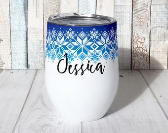 Fair Isle Wine Tumbler Personalized, Winter Wine Glass, Insulated Wine Tumbler with Lid, Stainless Steel Stemless Wine Glass Winter Wine Cup