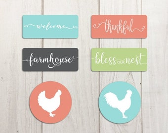 Refrigerator Magnets, Chicken Magnets, Cute Magnets, Fridge Magnets, Farmhouse Decor, Metal Magnet Set of 6, Mini Farmhouse Sign Magnets