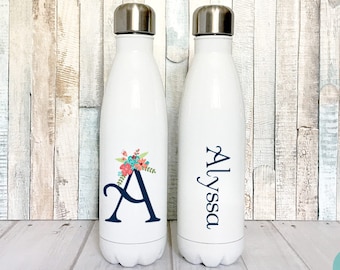 Monogram Water Bottle, Personalized Stainless Steel Water Bottle, Monogrammed Water Bottle, Stainless Water Bottle Navy Coral Floral Initial