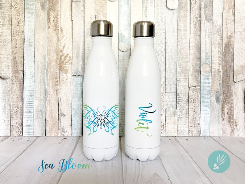 Butterfly Water Bottle, Personalized Water Bottle, Butterfly Accessories, Stainless Steel Water Bottle, Permanent Smooth Printed Design Sea Bloom