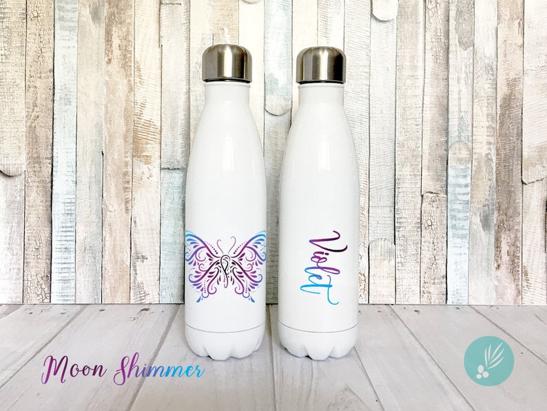 Butterfly Water Bottle, Personalized Water Bottle, Butterfly Accessories, Stainless Steel Water Bottle, Permanent Smooth Printed Design Moon Shimmer