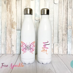 Butterfly Water Bottle, Personalized Water Bottle, Butterfly Accessories, Stainless Steel Water Bottle, Permanent Smooth Printed Design Fire Sparkle