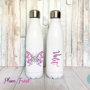 Butterfly Water Bottle, Personalized Water Bottle, Butterfly Accessories, Stainless Steel Water Bottle, Permanent Smooth Printed Design Plum Frost