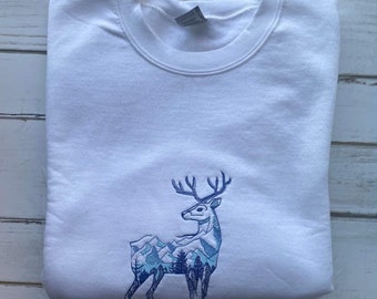Embroidered Deer Sweatshirt: Nature Forest Crewneck