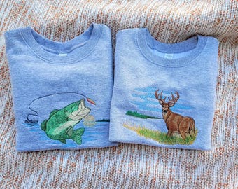 Toddler fishing Crewneck, Deer embroidered sweatshirt