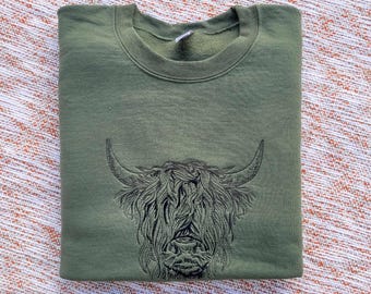 Highland Cow, Embroidered Sweatshirt, Country Style