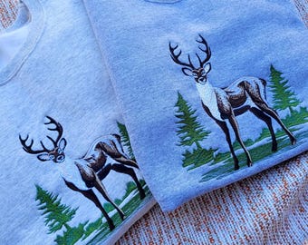 Deer with Trees Crewneck Embroidered