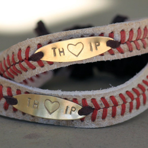 Personalized Macrame Leather Baseball Seam Bracelet • Custom Stamped Silver, Brass or Copper • adjustable slide closure • baseball mom gift