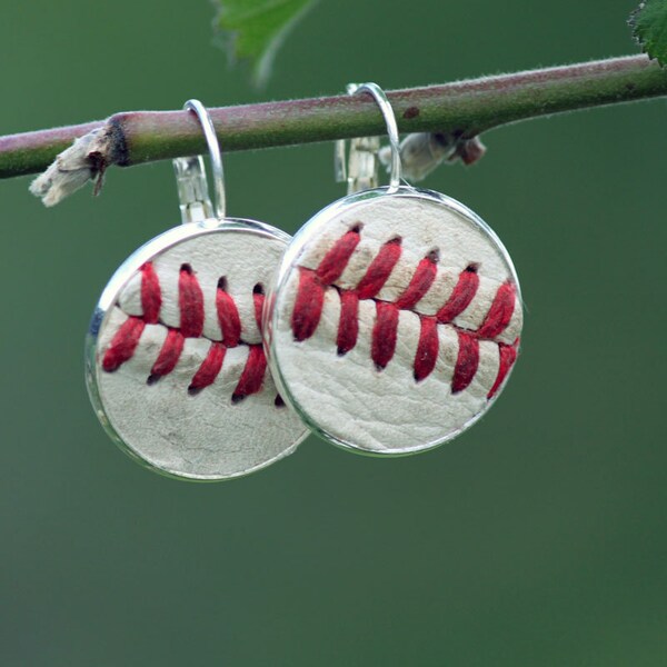 Real Leather Baseball Seam Earrings - leaverback dangle drop - silver, antique brass, antique copper - baseball mom jewelry - mlb fan