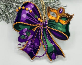 Mardi Gras Bow & Mask Ornament – Purple, Green, Gold Celebration Decor