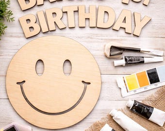 Custom Wood Letter Cutouts for Birthday Sign | DIY Party Sign Letters | Smiley Face Cutout | Personalized Name Sign | Unfinished Wood Decor
