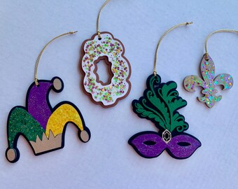 Hand Glittered Mardi Gras Ornaments | King Cake, Mask, Fleur de Lis