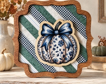 Blue Floral Pumpkin Fall Sign | Green Patchwork or Navy Check | Autumn Shelf Decor