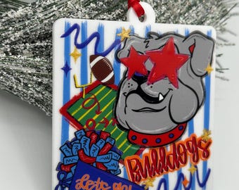 Bulldogs red and blue Football Christmas Ornament | Custom color Bulldog Mascot Ornament