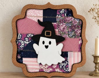 Halloween Ghost Decor with Vintage Fabric | Wood and Acrylic Framed Decoration