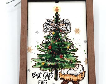 Baby Jesus Wood Ornament: Leopard Bow, Farmhouse Christian Gift