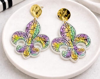 Fleur de Lis Mardi Gras Earrings: New Orleans Carnival Acrylic Jewelry