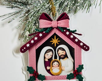 Nativity Scene Acrylic Ornament – Cozy Knit-Style Christmas Decor
