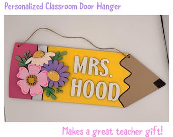 Personalized Pencil Teacher Door Hanger | Custom Classroom Name Sign