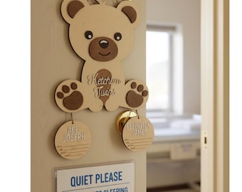Personalized Twin Teddy Bear Hospital Door Hanger | Custom Wooden Nursery Name Sign
