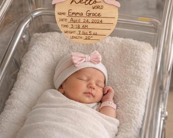 Hello World Birth Announcement Sign –  Personalized Wooden Baby Name Hospital Plaque