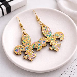Glittery Mardi Gras Earrings: Purple green and gold fleur de lis jewelry