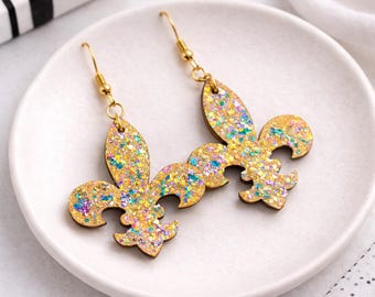 Glittery Mardi Gras Earrings: Purple green and gold fleur de lis jewelry